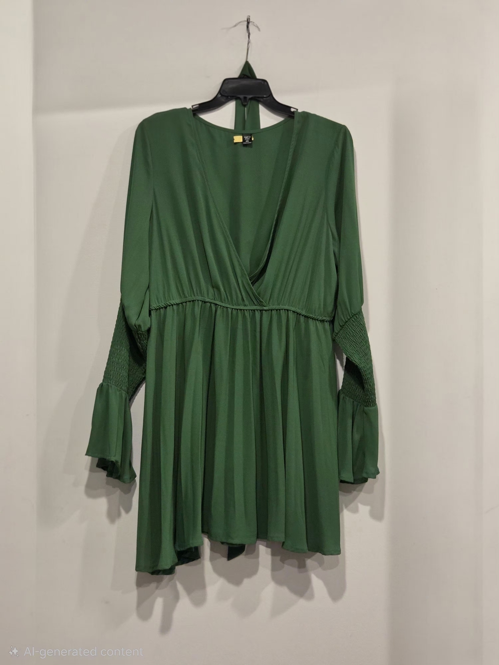 SHEIN Emerald Green V-Neck Smocked Sleeve Mini Dress